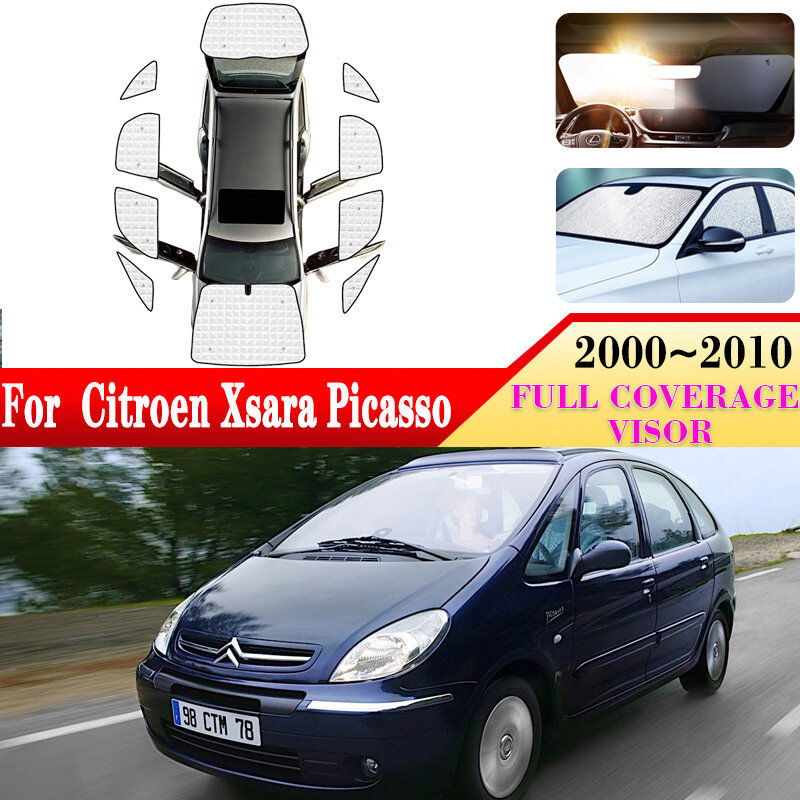 Citroen xsaraピカソ用のフルサンバイザー、車のフロントとリアの日焼け止め、ウィンドウサンシェード、カバーアクセサリー、2000-2010