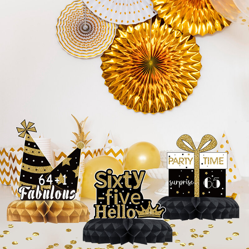 Honeycomb Paper Birthday Party Decorações, 65 ° Aniversário Ornamentos, Preto e Ouro, Decorações Festival
