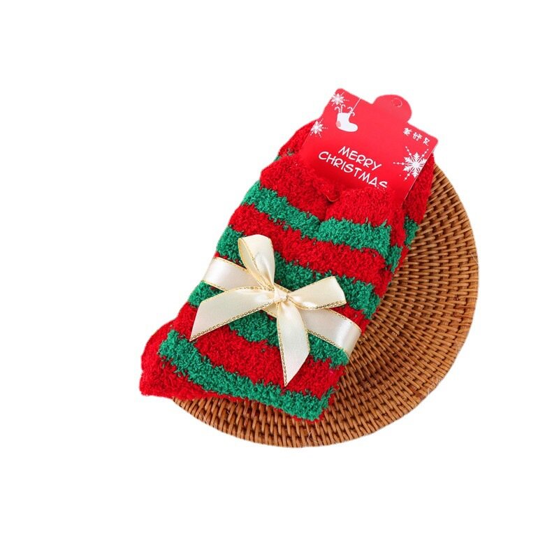 ถุงเท้าคอรัลขนแกะหนาสำหรับผู้หญิงถุงเท้าสำหรับใส่ในห้องถุงเท้าผูกโบว์สำหรับ1PR วันคริสต์มาส