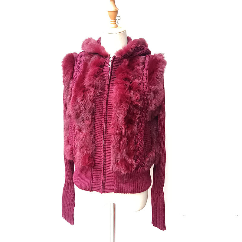 Casaco de pele de coelho real feminino com capuz, manga comprida, outwear quente, jaqueta de pele de coelho genuína, moda feminina, inverno