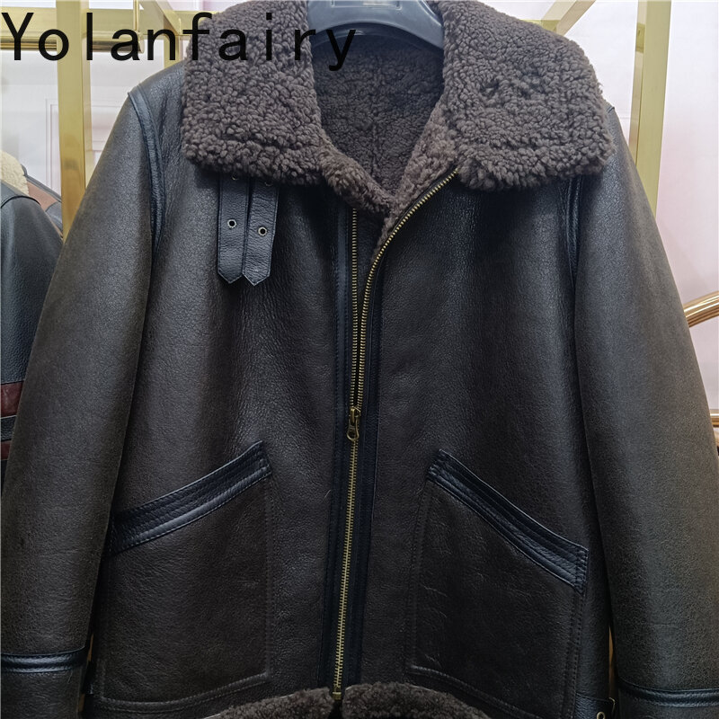 Abrigo de piel y piel de oveja Original para hombre, chaqueta de cuero genuino de invierno, B3, parche informal, bolsillo, cuello abatible, ropa masculina