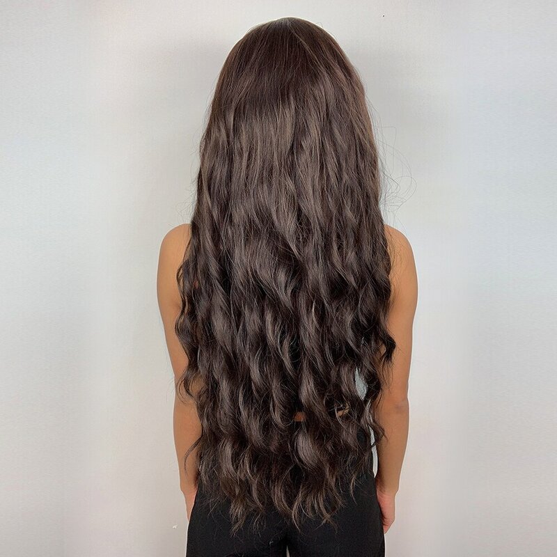 Haircube-peruca ondulada longa marrom encaracolada para mulheres, parte média, sintético, resistente ao calor, cabelo falso, qualquer ocasião
