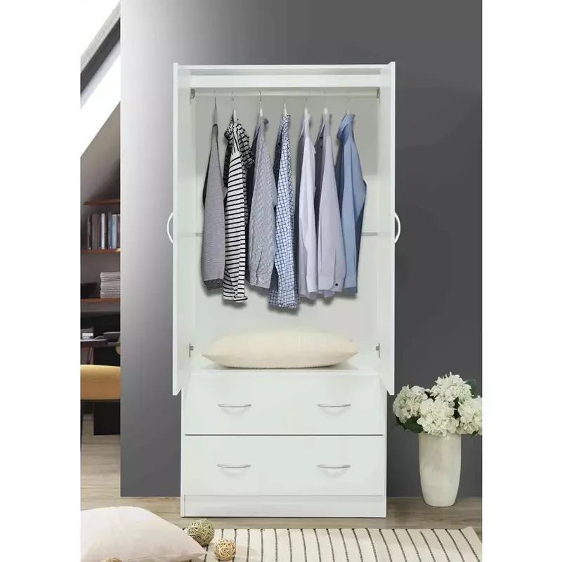 Шкаф для спальни с двумя дверцами, шкаф для одежды с внутренним шкафом, 2 ящика для хранения и зеркало
