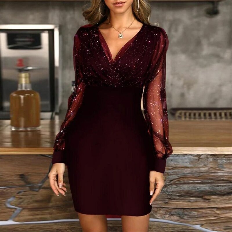 Elegant Womens V-Neck Bodycon Dress Puff Sleeve Cocktail Evening Party Gown Polyester Sequins Mesh Brand New