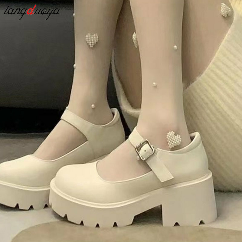 2024 New white mary jane Shoes Japanese Students JK High Heel Uniform Shoes Women Vintage Platform Cosplay Lolita shoes 43