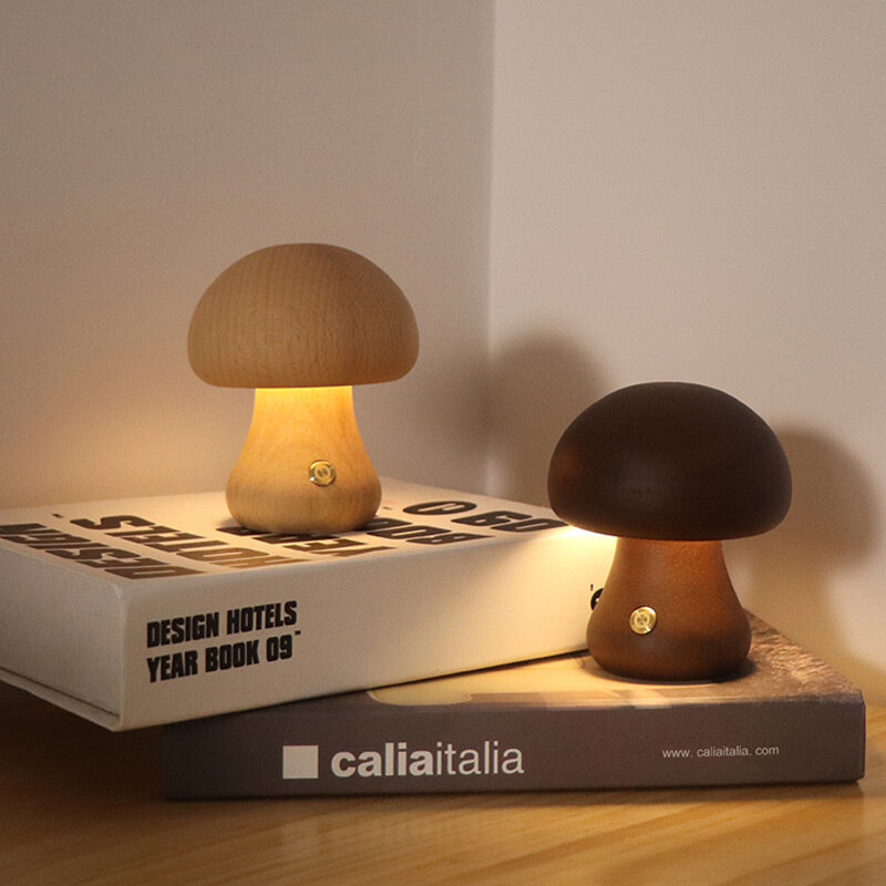 INS LED lampka nocna z przełącznikiem dotykowym drewniane słodkie grzyby stolik nocny lampa do sypialni pokój dziecięcy nocna do snu lampy