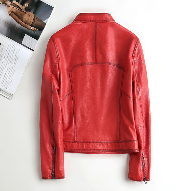 AYUNSUE Echtem Schaffell Jacke Kurzen Roten Leder Jacken für Frauen Schlank Biker Mantel Echt Leder Streetwear Jaqueta De Couro