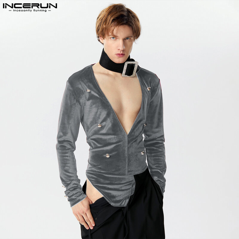 INCERUN-body de Velour para hombre, traje de manga larga con cuello en V y botones, ropa de calle informal, Color sólido, S-3XL, 2024