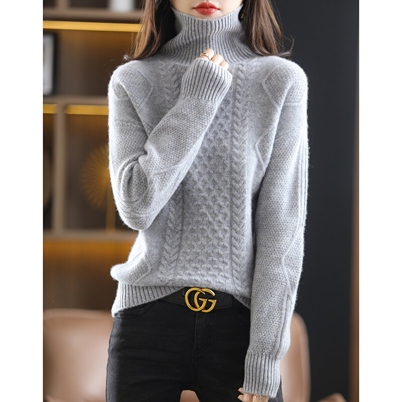 Suéter de caxemira de gola alta feminino, pulôver de malha 100% lã, jaqueta solta moda coreana, top novo, outono e inverno, 2023