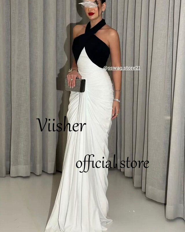 Schwarz weiß Meerjungfrau Abendkleider Falten Chiffon Halfter Arabisch Dubai formelle Abschluss ball Kleid bodenlangen Abend Party Kleider
