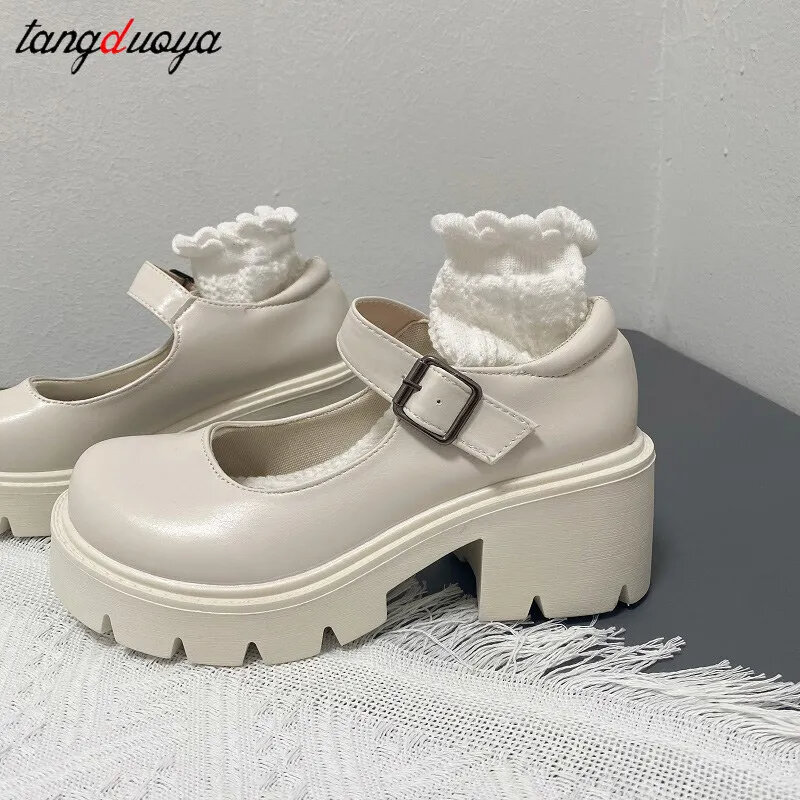 Zapatos mary jane blancos para mujer, zapatos de uniforme de tacón alto JK para estudiantes japoneses, zapatos de plataforma Vintage para Cosplay Lolita 43, 2024
