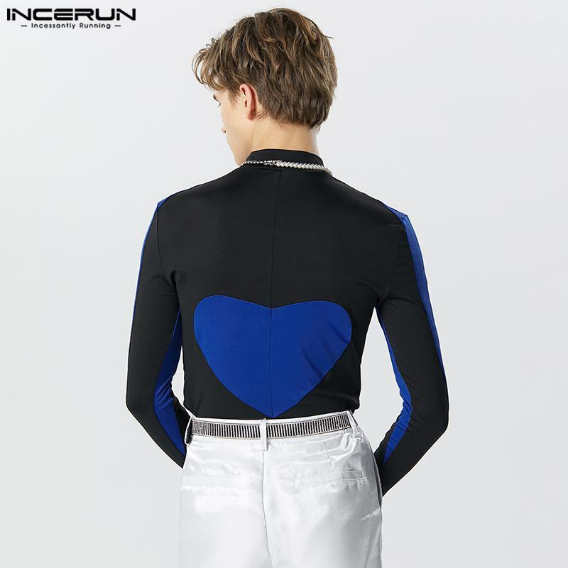 INCERUN 2023 Sexy Style Handsome New Mens Jumpsuits Fashionable Blue&Black Patchwork Design Bodysuits Long Sleeved Rompers S-5XL