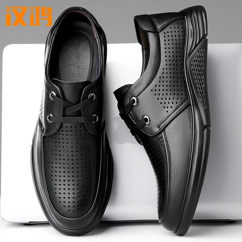 Han Hong sapatos de couro genuíno, sapatos de pai casual oco respirável macio antiderrapante masculino, novo verão, 2024