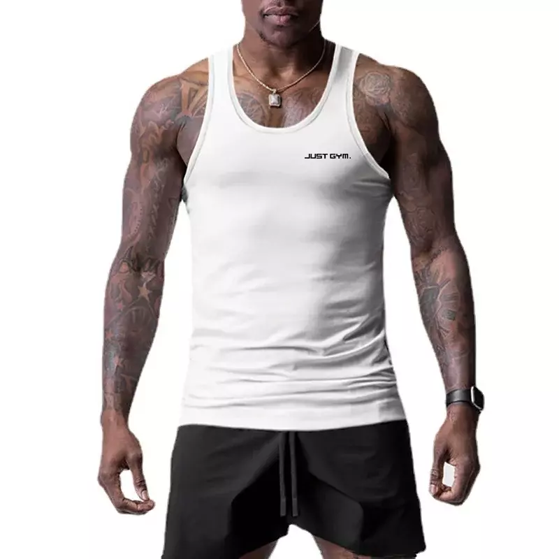 Tank Top Gym tanpa lengan pria, singlet olahraga tanpa lengan leher O musim panas untuk lelaki