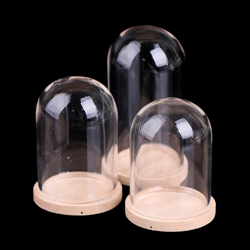 Vidro Display Bell Jar com Base De Madeira, Dollhouse Decoração Em Miniatura, Flor Display Cover, Decoração De Casa, 1:12