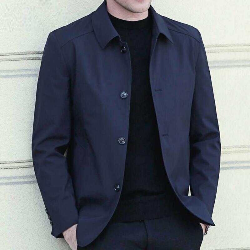 Spring Men Coat Turn-down Collar Solid Color Long Sleeve Single-breasted Cardigan Formal Business Style Men Mid Length Jacket