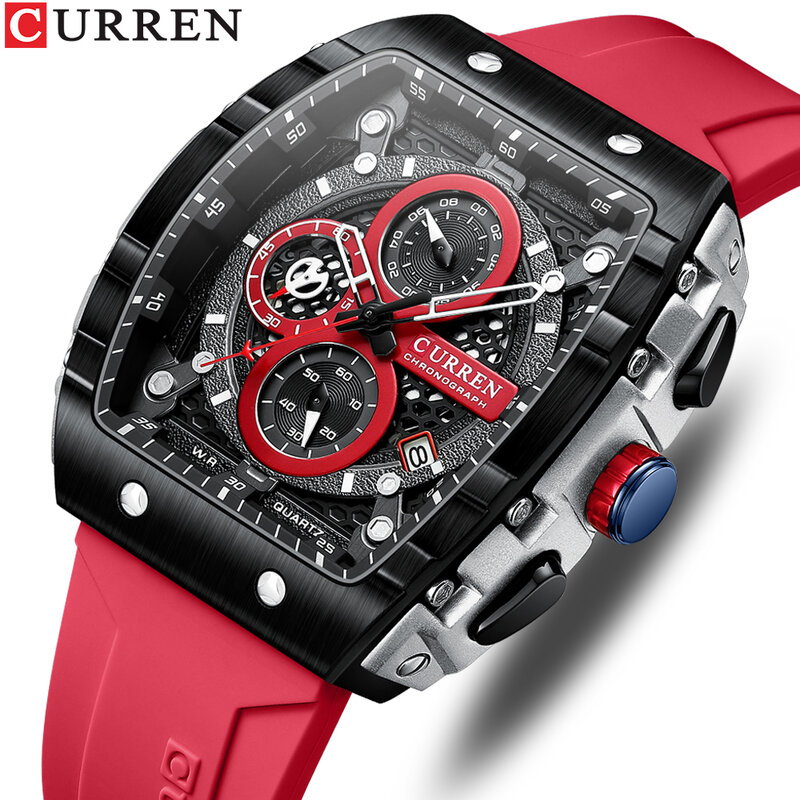 CURREN 패션 스포츠 시계 대형 다이얼 독특한 직사각형 중공 디자인 쿼츠 손목 시계, 크로그래프 자동 날짜 8442