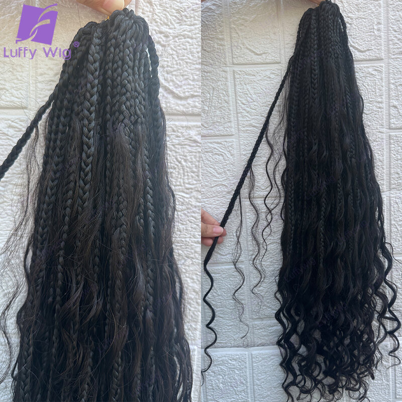 At Wave Goddess Boho Box Braids, Crochet Human Hair, Curly Ends, Synthetic Braid with Human Hair Curls for Black Women, 24"