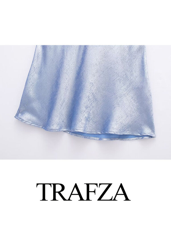 TRAFZA-Mini vestido sem costas sem mangas para mulheres, gola girada casual, vestidos de festa dobrados, moda sexy verão, nova
