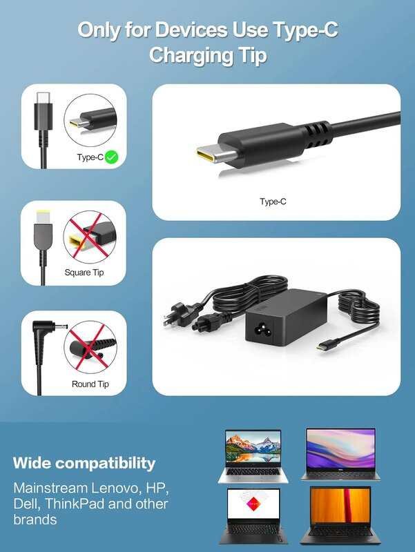 65W Notebook USB tipe-c adaptor daya persegi cocok untuk Lenovo ThinkPad HP Dell Chromebook Laptop kabel adaptor catu daya