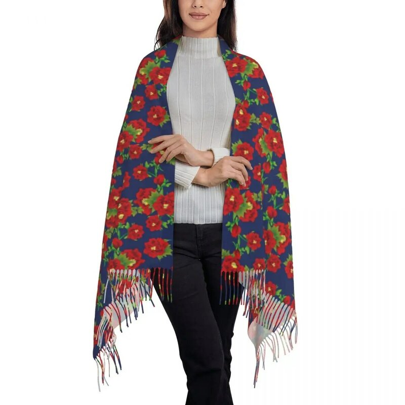 Botanical Red Flower Scarf with Long Tassel Plant Dongbei Warm Soft Shawls and Wraps Female Head Scarves Winter Casual Foulard