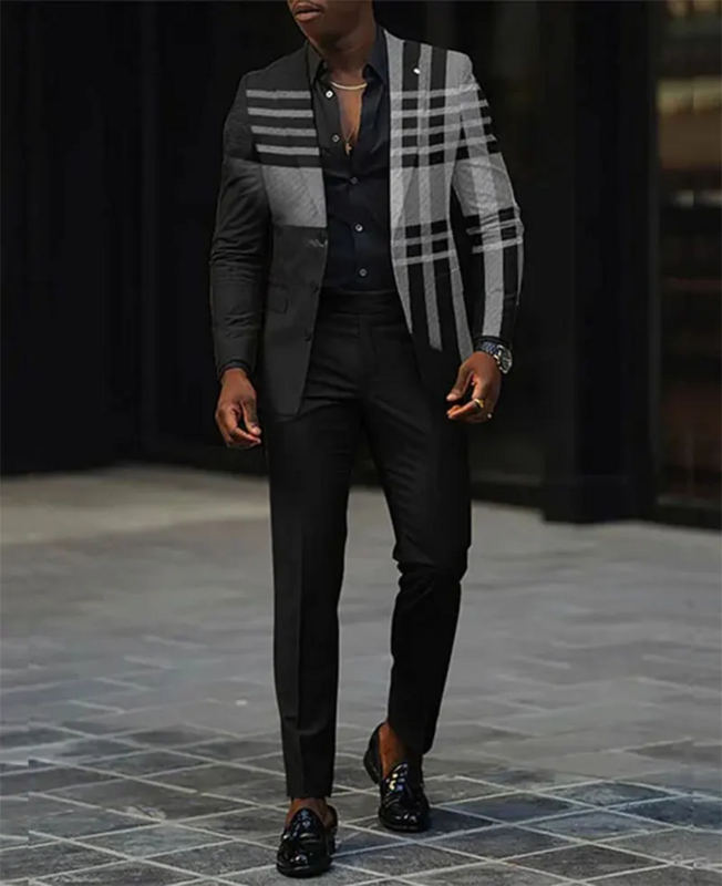 남성용 체크무늬 라펠 칼라 단추 블레이저 및 바지 세트, 패션 컬러 블록, 비즈니스 캐주얼 무도회 세트, 2 개 세트