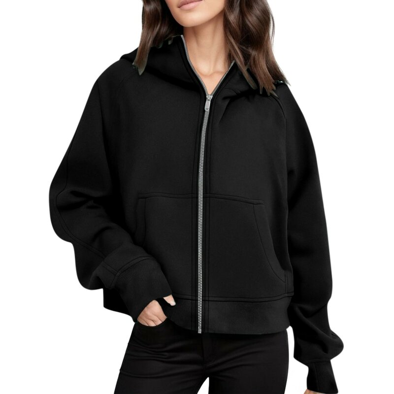 Zip Up Cropped Hoodies For Women Solid Casual Hooded Sweatshirts Female Retro Harajuku Plush Jacket Coat Fall Winter Streetwear