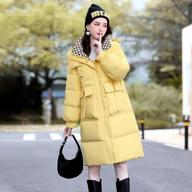 女性のミドル丈フード付きコットンジャケット,カラフルなブロック,韓国のカジュアルファッション,厚手,ルーズ,新品