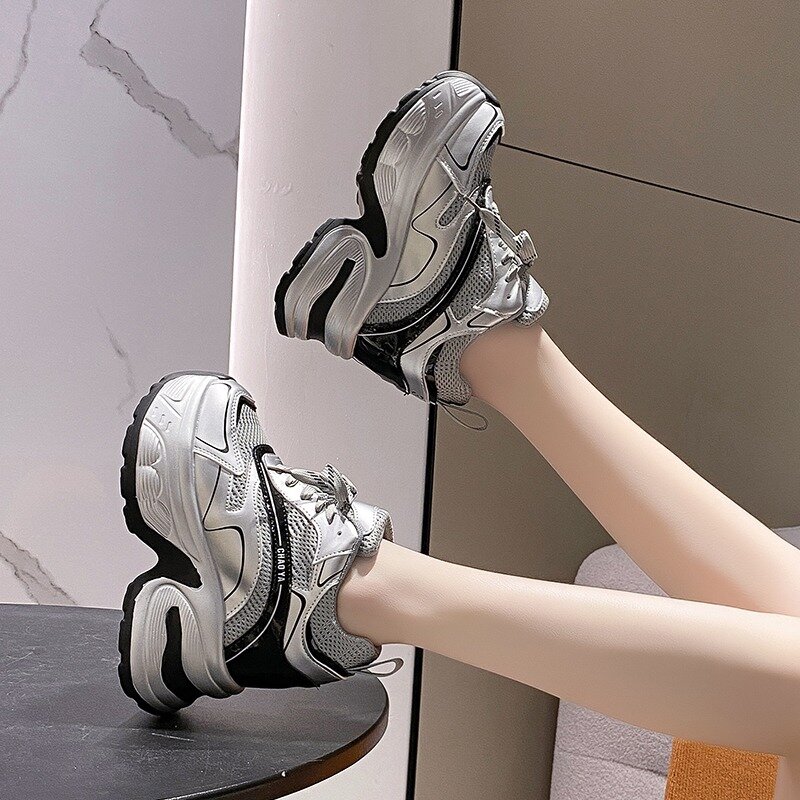 Женские массивные кроссовки, повседневная спортивная обувь на платформе, толстая подошва, дышащая сетка, высокий каблук 10 см, на весну-лето