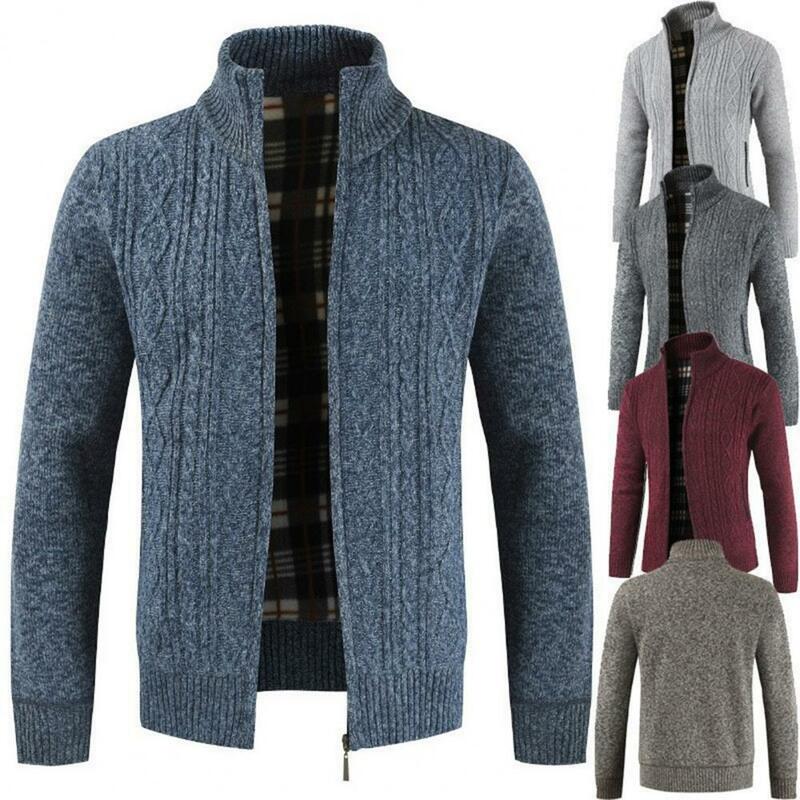 Мужской вязаный свитер, куртка, мужской облегающий кардиган, Повседневные свитера, пальто, однотонный вязаный утепленный крючком свитер с воротником-стойкой, пальто