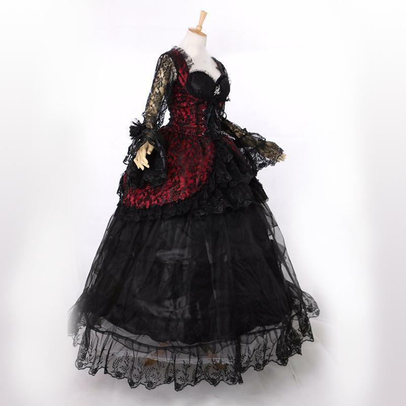 Gothic Victorian Wedding Dress Rococo Masquerade Bridal Wear Sweetheart Long Flare Sleeve Black Schwarz Period Gowns For Women