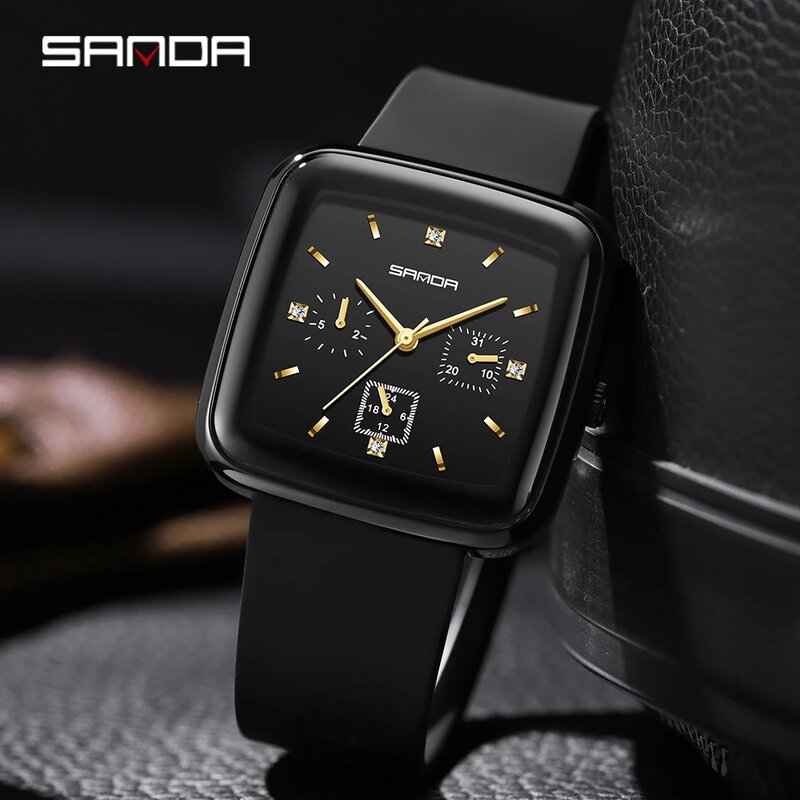 Sanda 1112 nowy kwadratowy kwarcowy sześcio igłowy silikonowy kreatywny spersonalizowany zegarek kwarcowy dla mężczyzn i kobiet