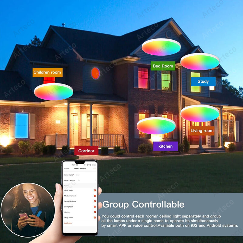 Умные потолочные светодиодные лампы Zigbee, лампа RGB CW Tuya с управлением через приложение, работает с Alexa, для гостиной, спальни, дома, 24 Вт, 40 Вт