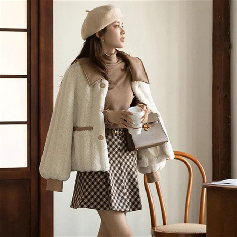 Chaqueta de piel sintética de lana de cordero de retazos de cuero para mujer, solapa de moda coreana, Tops gruesos de un solo pecho, abrigos de temperamento