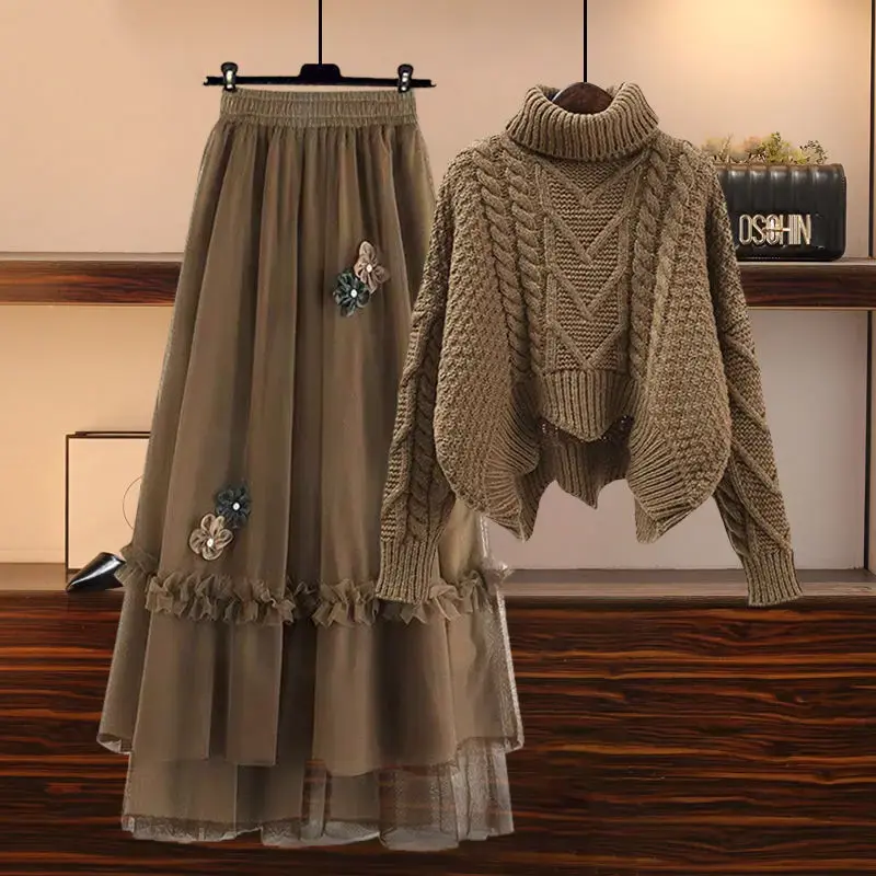Dayifun-女性のためのモノクロネックセーターセット、2ピースセット、ジャンパーと花、ハイウエストメッシュハーフスカート、秋と冬の服、2023