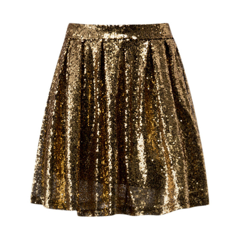 Rok kasual modis untuk wanita, rok lipit pinggang tinggi warna polos longgar berpayet emas pendek seksi panjang setengah untuk wanita