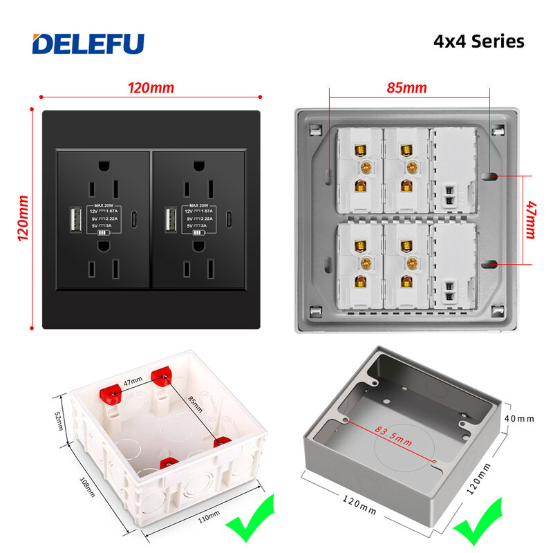 DELEFU-interruptor de luz retardante de llama, panel de 4x4 piezas, estándar mexicano tipo C, enchufe de pared de EE. UU., para carga rápida