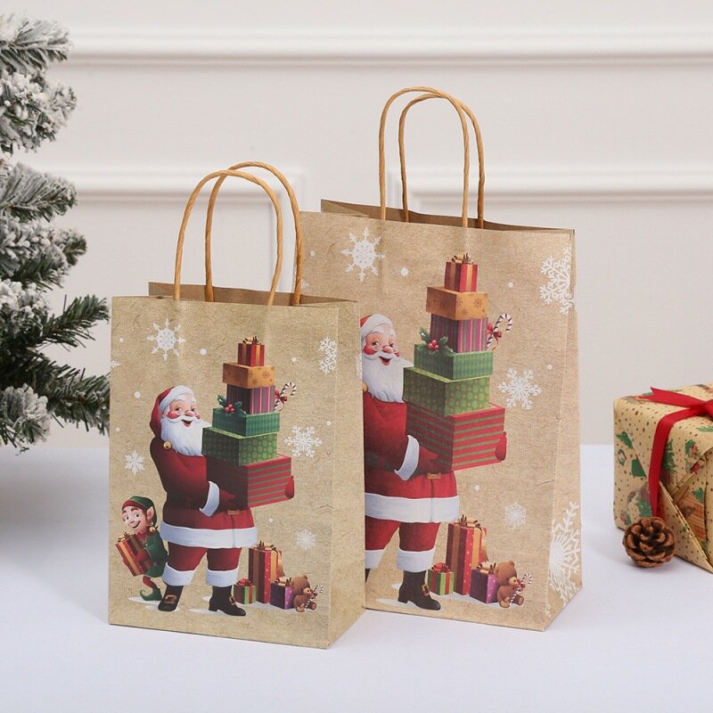 Tas hadiah Natal 4 gaya tas kertas Kraft tas manusia salju Sinterklas pesta Natal permen kue hadiah tas Selamat Natal