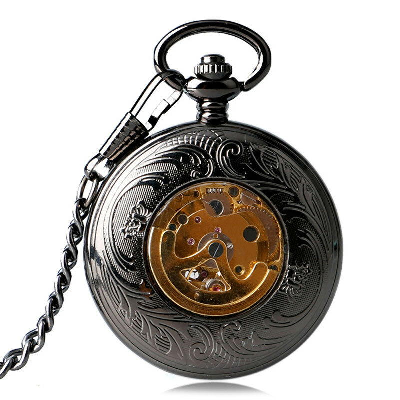 Relógio de bolso mecânico automático para homens e mulheres, relógio de esqueleto unissex, ponteiros luminosos com corrente FOB, vintage retrô