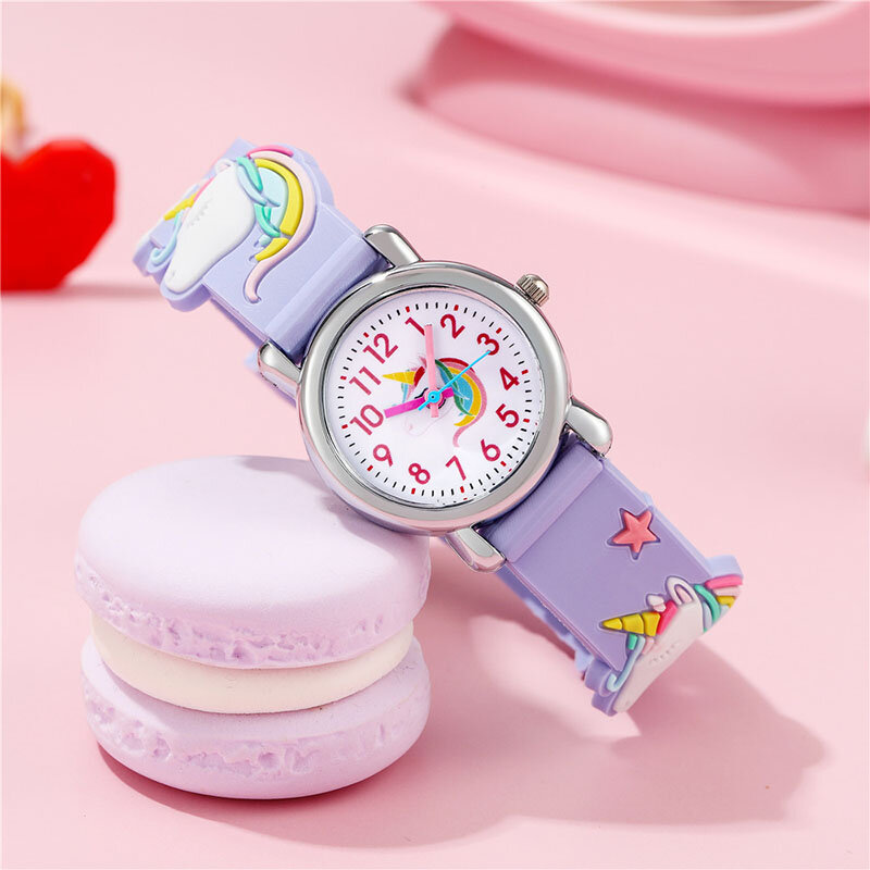 ใหม่ Macaron รูปแบบยูนิคอร์นน่ารักเด็กนาฬิกาควอตซ์สีซิลิโคนเด็กนักเรียนของเด็กผู้หญิงนาฬิกาวันเกิดนาฬิกาของขวัญ