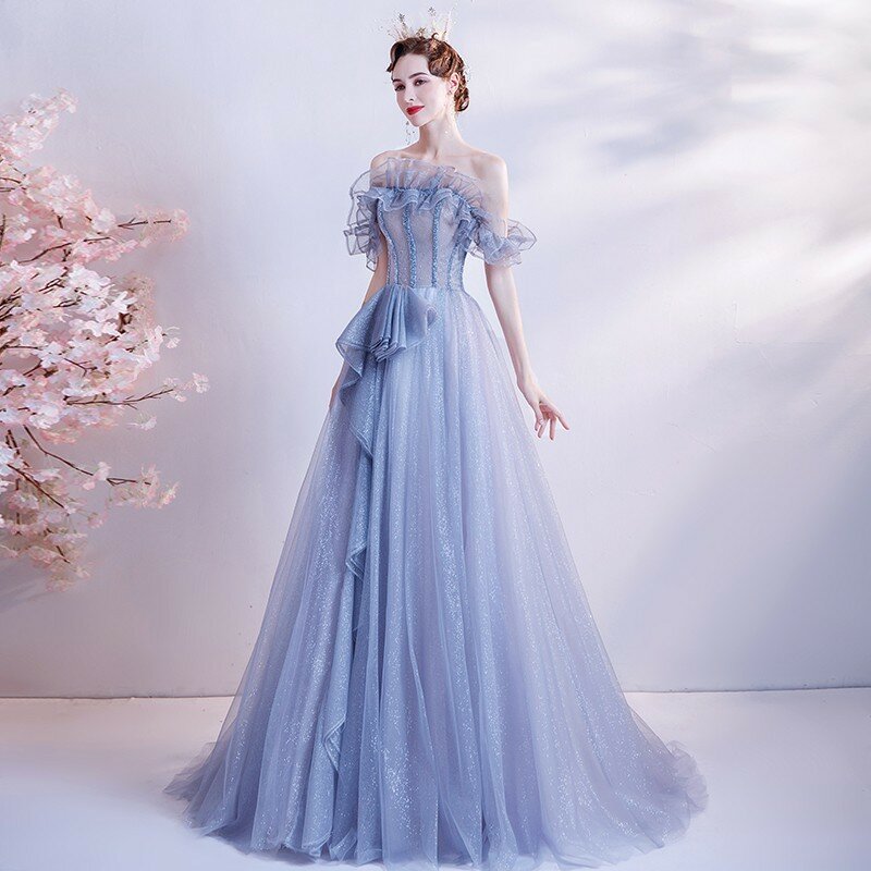 2024 New Bride Wedding Dress, abito da banchetto aziendale Host Gradient Blue Starlight Show abito da sera