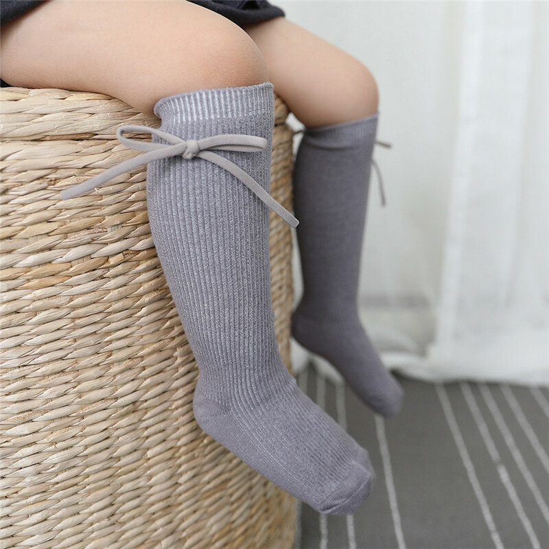 Calcetines hasta la rodilla para niños y niñas, calcetín largo plano con lazo, algodón suave, sólido, Princesa, de 0 a 7 años, otoño
