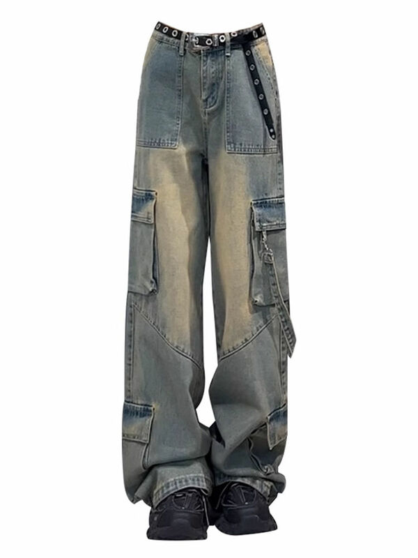 Осенние винтажные персонализированные уличные тяжелые промышленные новые свободные джинсы универсальные градиентные рабочие брюки женские джинсы y2k