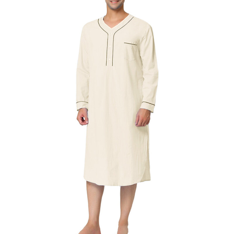 2023 Men's Long Sleeve V Neck Pajamas Fashion Loungewear Loose Solid Color Premium Pajamas Pajamas Ethnic Solid Color Robe