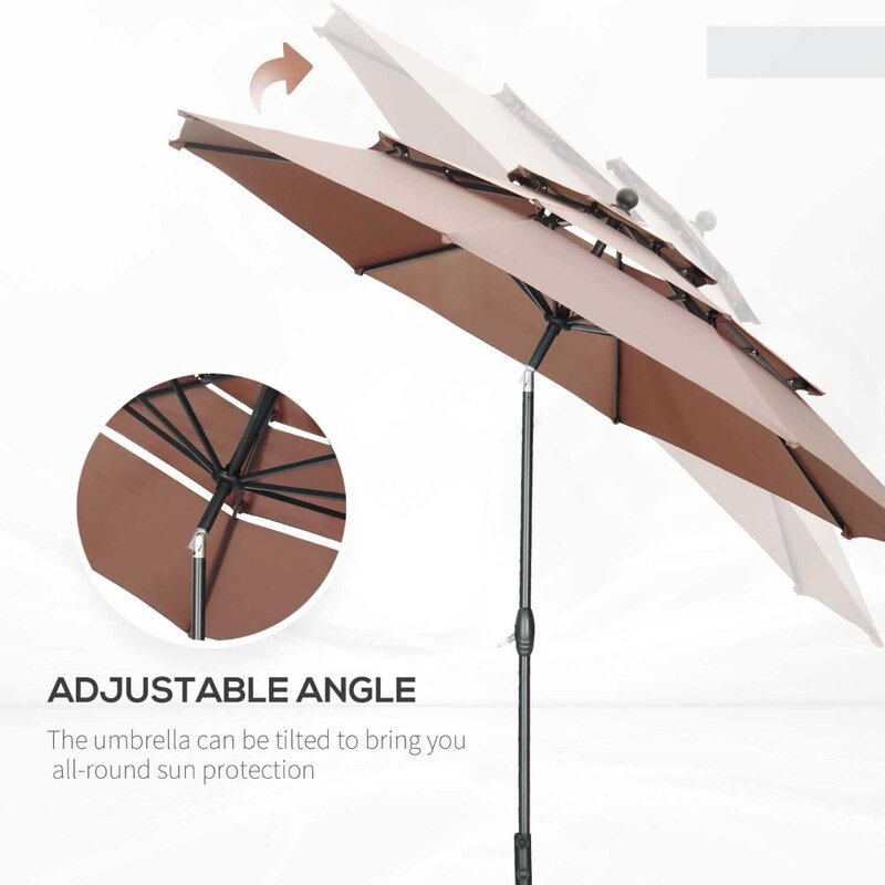 Sunshade Umbrella, 3 Tiers Outdoor Table Umbrellas with Tilt Adjustment and 8 Sturdy Ribs, 10ft Patio Sunshade Umbrella