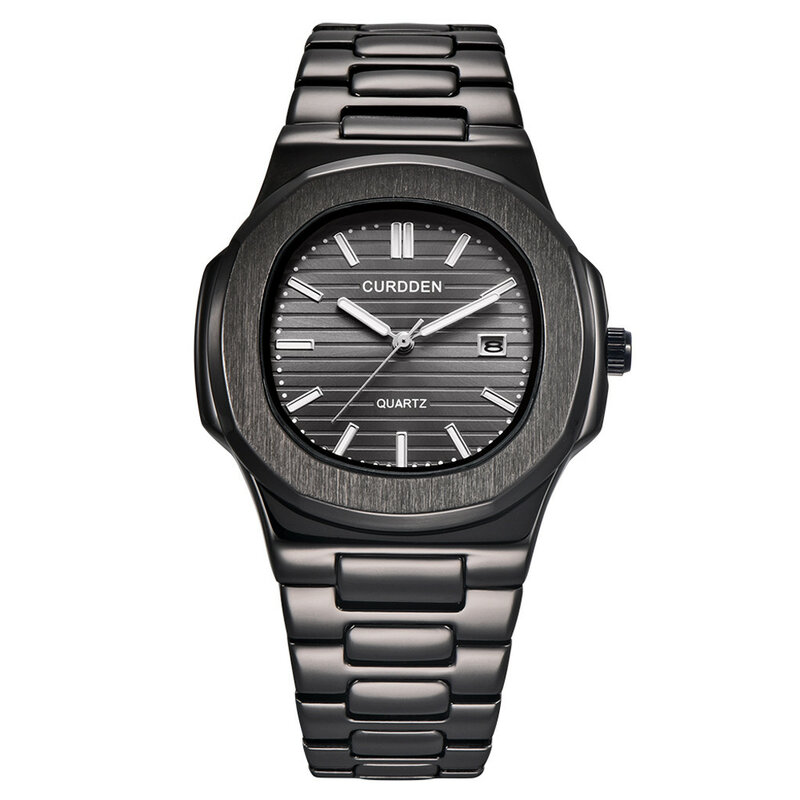 Jam tangan Quartz pria trendi, jam tangan pria mewah, jam tangan Quartz baja anti karat, lempeng ulir garis-garis, klasik, Retro, modis, istimewa