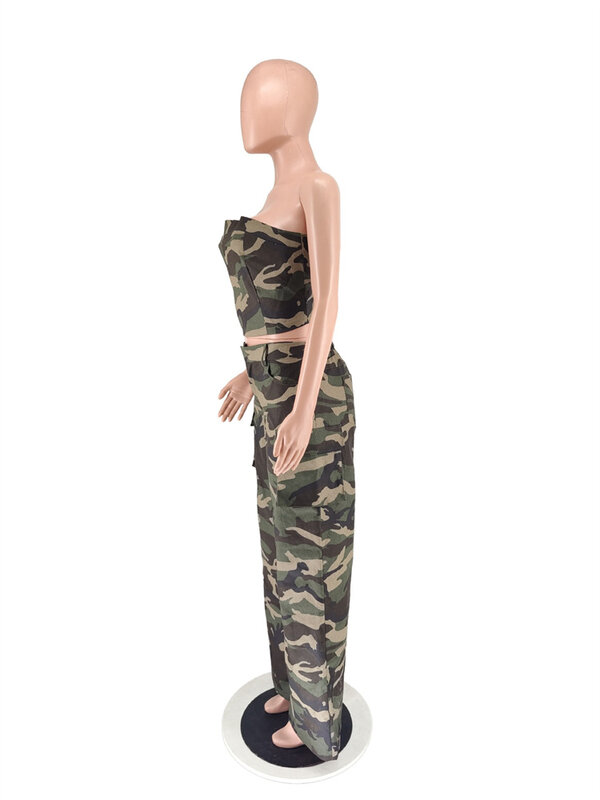 Wmstar Set da due pezzi da donna con spalle scoperte Camouflage Crop Top pantaloni a gamba larga completi coordinati tuta da Jogging Dropshipping