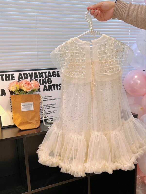 Nuovo 2023 ragazze Prin cess Dress Casual primavera estate abbigliamento per bambini coreano Pearl Neck Princess Dress Fashion Yarn Dress Dress