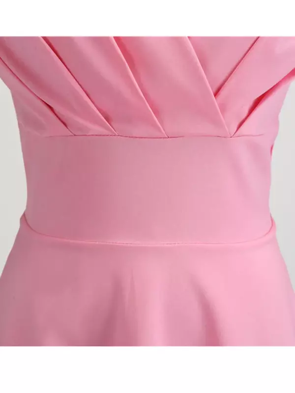 핑크 여름 원피스 여성용 V넥 빈티지 로브, 우아한 레트로 핀업 파티, 사무실 미디 드레스