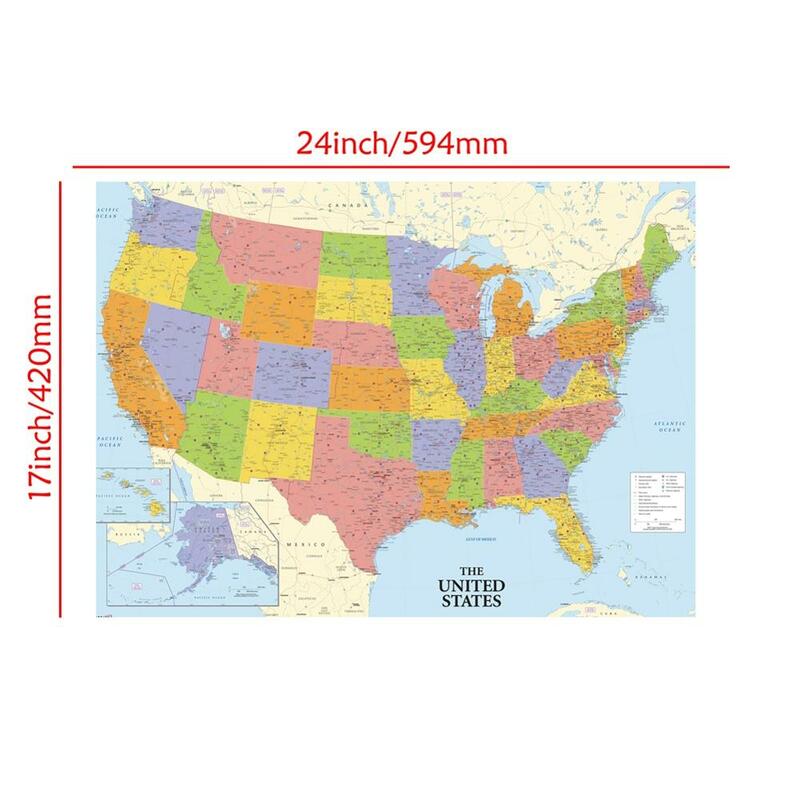 Impresso Unframed Mapa dos Estados Unidos, Lona Fina, Roll Packaged Wall Decor, Mapa da América para Home e Office Decor, Tamanho A2
